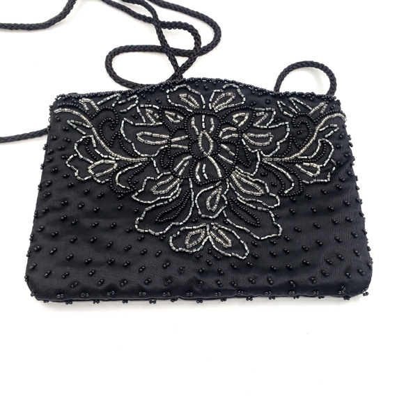 80s La Regale Bag Black Beaded Satin Purse Evening Sparkle Movie Prop Glam Retro - Picture 5 of 5